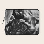 Fearless Girl facing down the Charging Bull statue of Wall Street black and white photography Laptop Sleeve Gallery Image 1