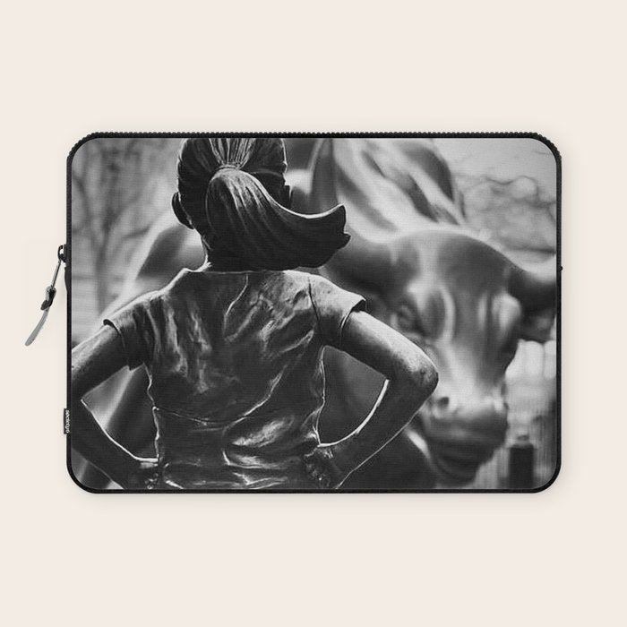 Fearless Girl facing down the Charging Bull statue of Wall Street black and white photography Laptop Sleeve Gallery Image 1