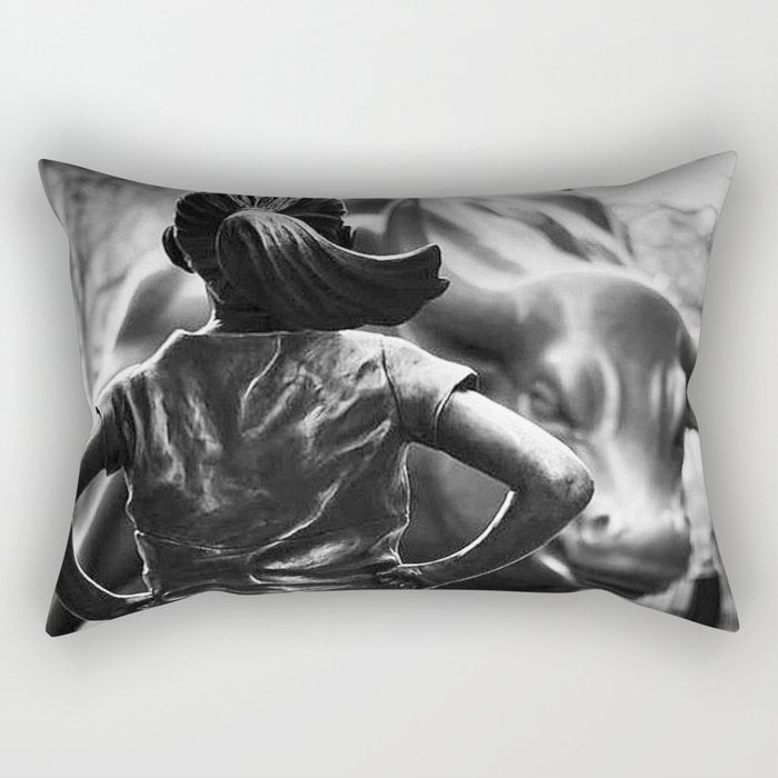 Fearless Girl facing down the Charging Bull statue of Wall Street black and white photography Rectangular Pillow Gallery Image 1