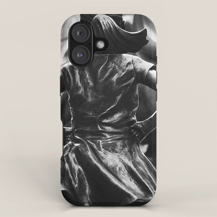 Fearless Girl facing down the Charging Bull statue of Wall Street black and white photography iPhone Case Gallery Image 1