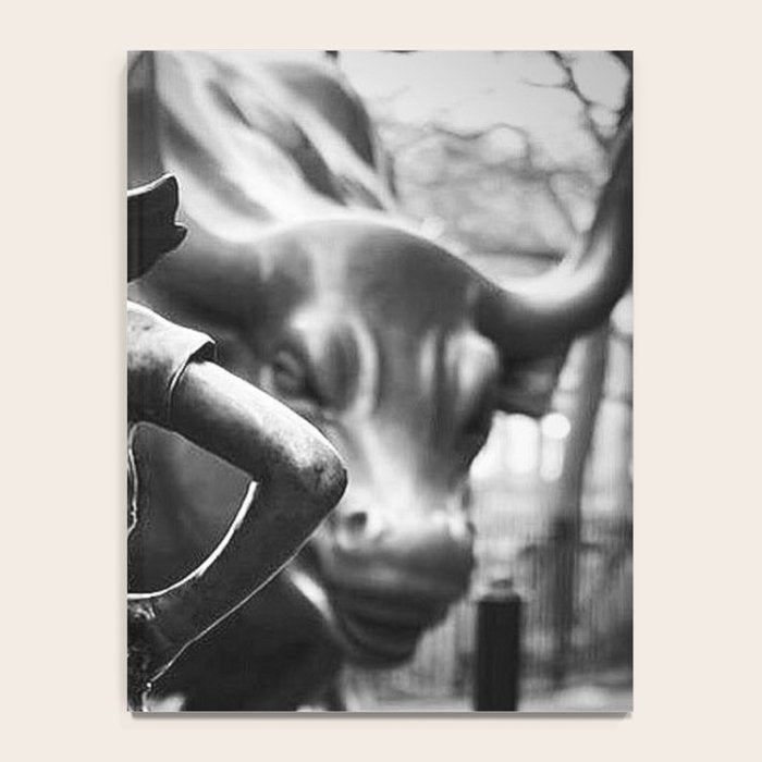 Fearless Girl facing down the Charging Bull statue of Wall Street black and white photography Notebook Gallery Image 4
