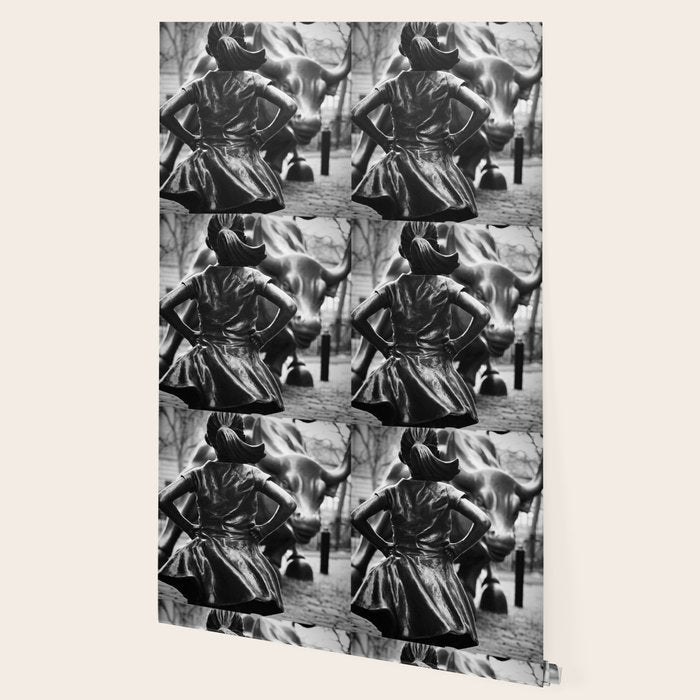 Fearless Girl facing down the Charging Bull statue of Wall Street black and white photography Wallpaper Gallery Image 2