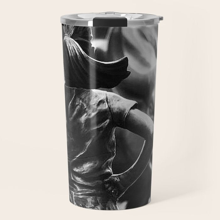 Fearless Girl facing down the Charging Bull statue of Wall Street black and white photography Travel Mug Gallery Image 1
