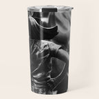Fearless Girl facing down the Charging Bull statue of Wall Street black and white photography Travel Mug Gallery Image 1