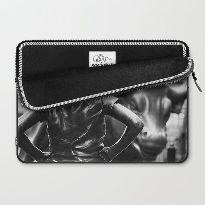 Fearless Girl facing down the Charging Bull statue of Wall Street black and white photography Laptop Sleeve Gallery Image 2
