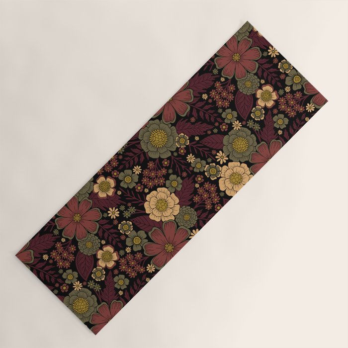 Classy Burgundy, Cream & Sage Green Floral Pattern Yoga Mat Gallery Image 1