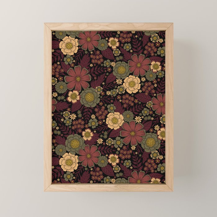 Classy Burgundy, Cream & Sage Green Floral Pattern Mini Art Print Gallery Image 1