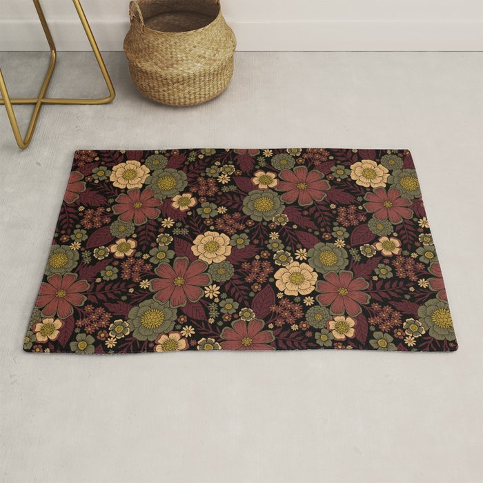 Classy Burgundy, Cream & Sage Green Floral Pattern Rug Gallery Image 1
