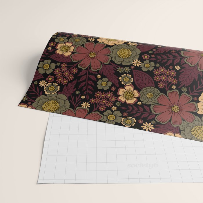 Classy Burgundy, Cream & Sage Green Floral Pattern Wrapping Paper Gallery Image 2