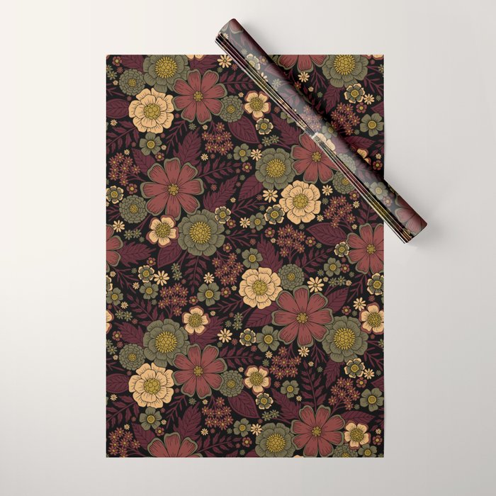 Classy Burgundy, Cream & Sage Green Floral Pattern Wrapping Paper Gallery Image 1