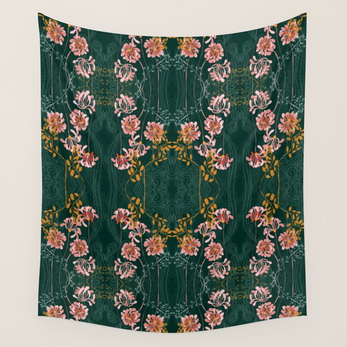 Art Nouveau floral pattern with lines - emerald green Wall Tapestry Gallery Image 1