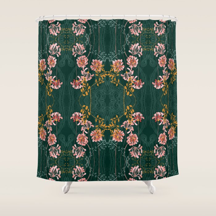 Art Nouveau floral pattern with lines - emerald green Shower Curtain Gallery Image 1
