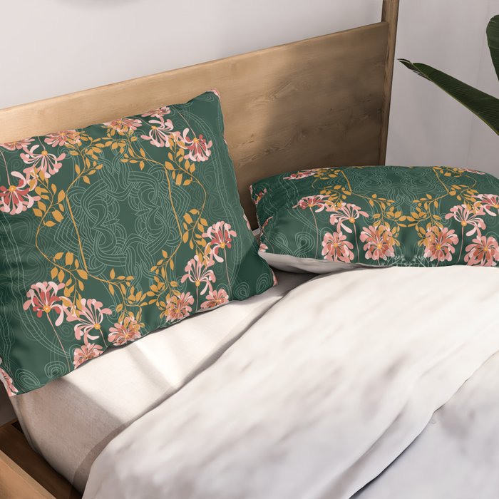 Art Nouveau floral pattern with lines - emerald green Pillow Sham Gallery Image 2