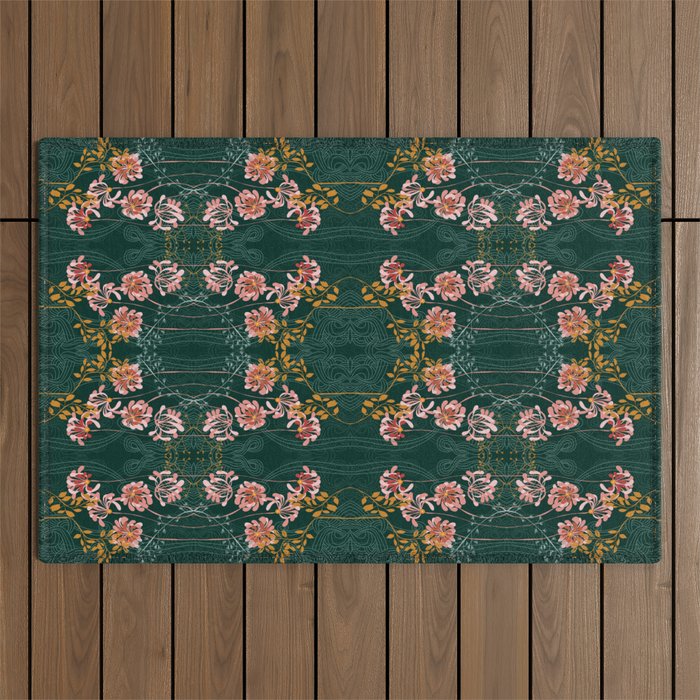 Art Nouveau floral pattern with lines - emerald green Outdoor Rug Gallery Image 1