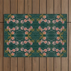 Art Nouveau floral pattern with lines - emerald green Outdoor Rug Gallery Image 1