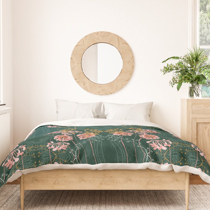 Art Nouveau floral pattern with lines - emerald green Duvet Cover Gallery Image 3
