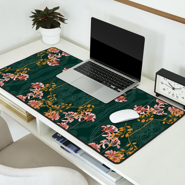 Art Nouveau floral pattern with lines - emerald green Desk Mat Gallery Image 2
