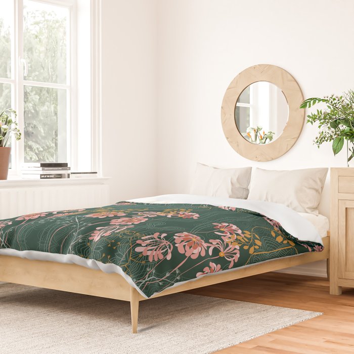 Art Nouveau floral pattern with lines - emerald green Duvet Cover Gallery Image 2