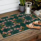 Art Nouveau floral pattern with lines - emerald green Outdoor Rug Gallery Image 2