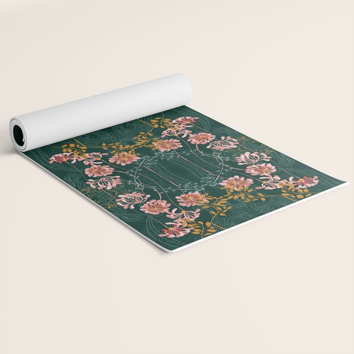 Art Nouveau floral pattern with lines - emerald green Yoga Mat Gallery Image 2