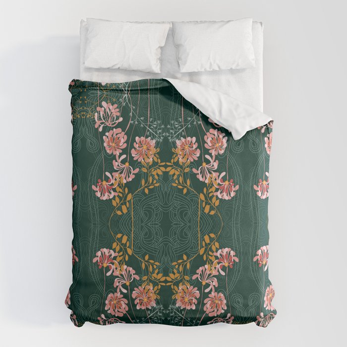 Art Nouveau floral pattern with lines - emerald green Duvet Cover Gallery Image 6