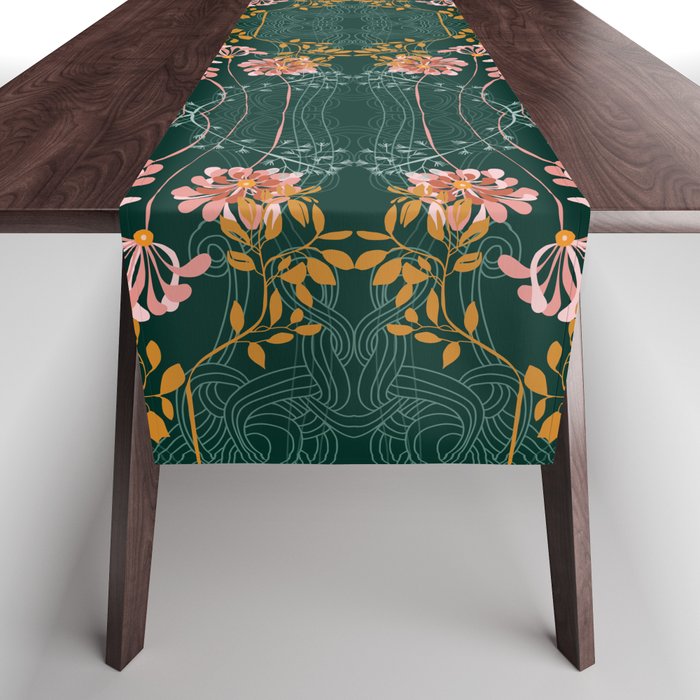 Art Nouveau floral pattern with lines - emerald green Table Runner Gallery Image 1