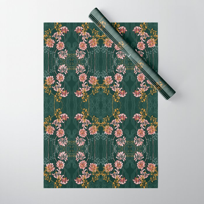 Art Nouveau floral pattern with lines - emerald green Wrapping Paper Gallery Image 1