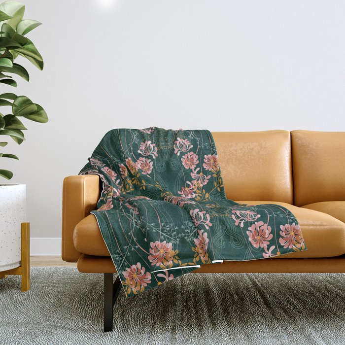 Art Nouveau floral pattern with lines - emerald green Throw Blanket Gallery Image 1