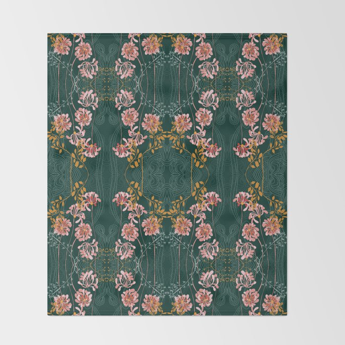 Art Nouveau floral pattern with lines - emerald green Throw Blanket Gallery Image 2