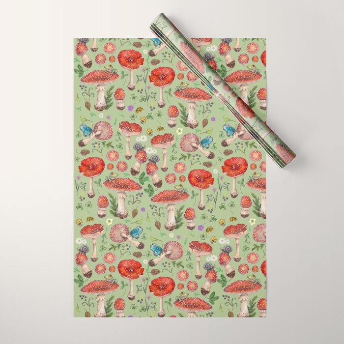 Lovely Red Mushrooms - GreenBG Wrapping Paper Gallery Image 1