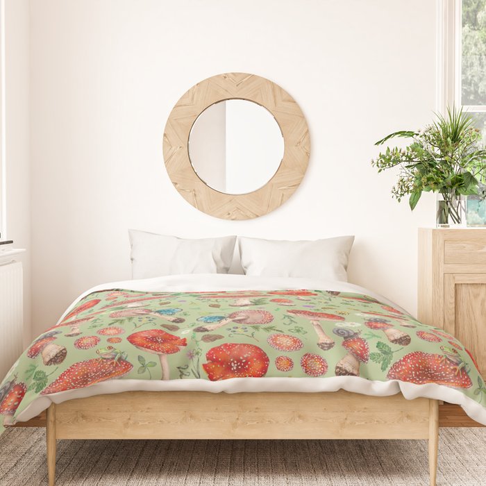 Lovely Red Mushrooms - GreenBG Duvet Cover Gallery Image 3