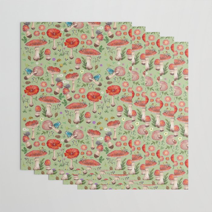 Lovely Red Mushrooms - GreenBG Wrapping Paper Gallery Image 3