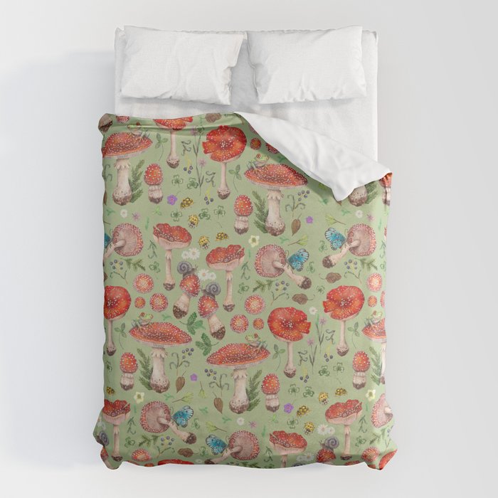 Lovely Red Mushrooms - GreenBG Duvet Cover Gallery Image 1