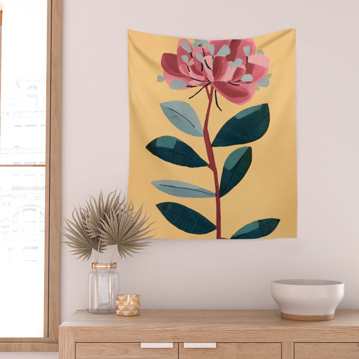 Rose Stem with Dusty Blue Leaves Wall Tapestry Gallery Image 2