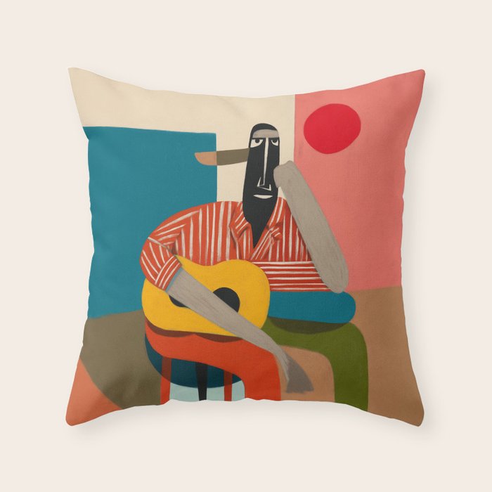 Melancholy Guitarist in Stripes Throw Pillow Gallery Image 1