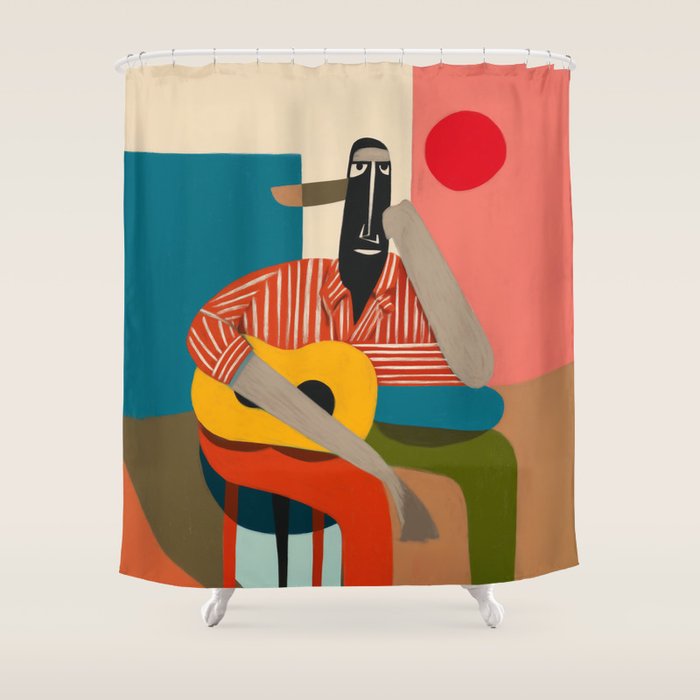 Melancholy Guitarist in Stripes Shower Curtain Gallery Image 1