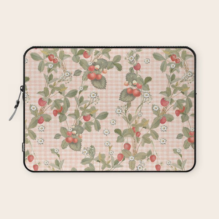 Vintage wild strawberries on cottage pink gingham pattern Laptop Sleeve Gallery Image 1