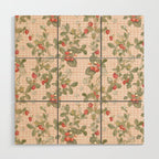 Vintage wild strawberries on cottage pink gingham pattern Wood Wall Art Gallery Image 1