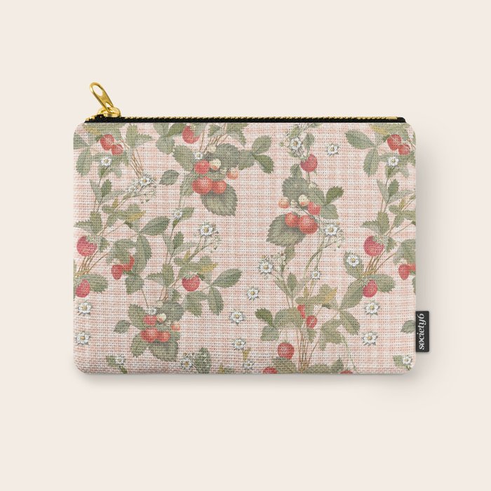 Vintage wild strawberries on cottage pink gingham pattern Carry All Pouch Gallery Image 1