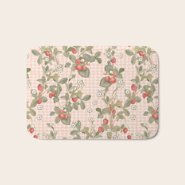 Vintage wild strawberries on cottage pink gingham pattern Bath Mat Gallery Image 1