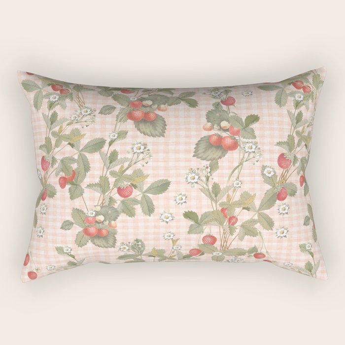 Vintage wild strawberries on cottage pink gingham pattern Rectangular Pillow Gallery Image 1