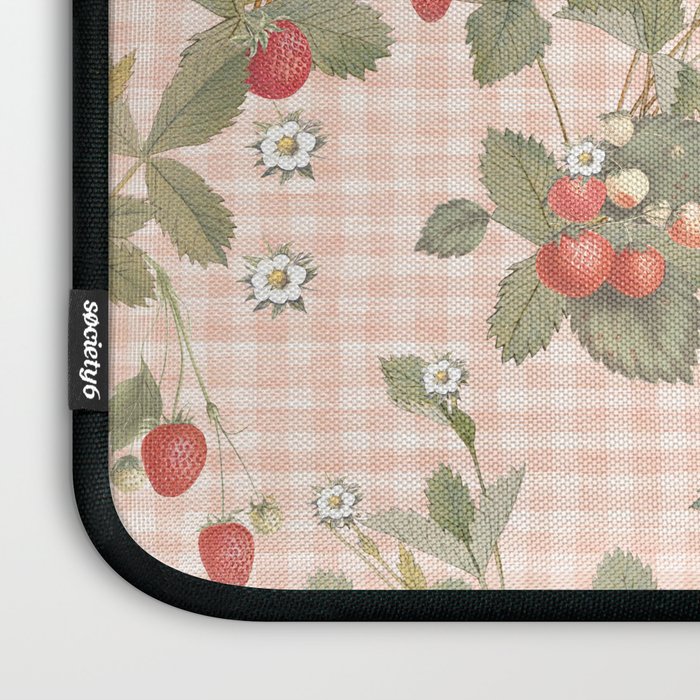 Vintage wild strawberries on cottage pink gingham pattern Laptop Sleeve Gallery Image 3