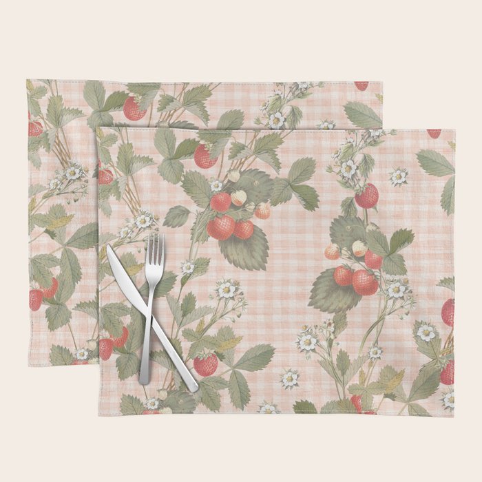 Vintage wild strawberries on cottage pink gingham pattern Placemat Gallery Image 1