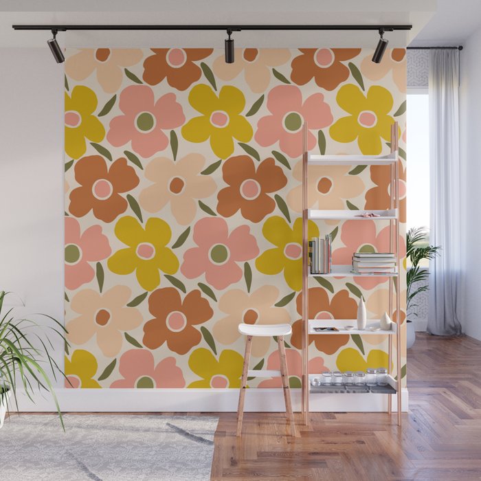 Retro Vintage Floral - Peach Wall Mural Gallery Image 1