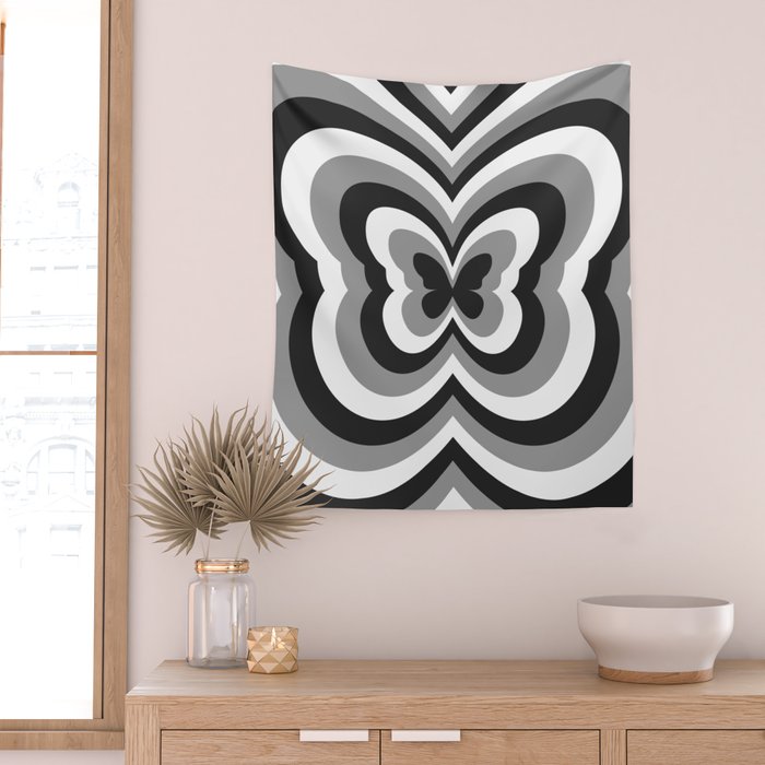 Retro 70s Butterfly in Black & White Wall Tapestry Gallery Image 2