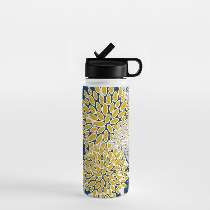 Floral Leaves and Blooms, Navy Blue, Yellow, Beige Water Bottle Gallery Image 1