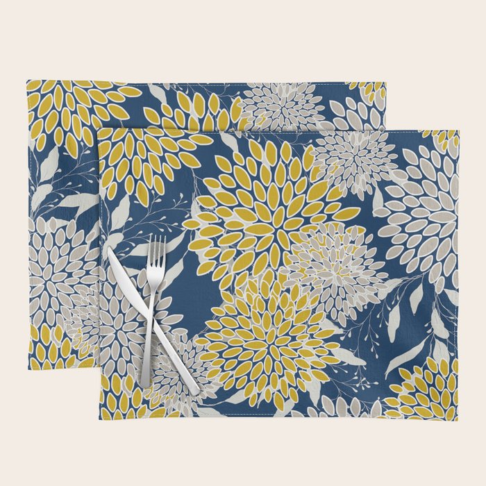 Floral Leaves and Blooms, Navy Blue, Yellow, Beige Placemat Gallery Image 1