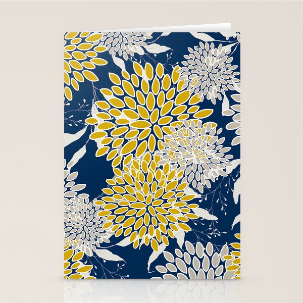 Floral Leaves and Blooms, Navy Blue, Yellow, Beige Stationery Card Gallery Image 1