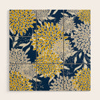 Floral Leaves and Blooms, Navy Blue, Yellow, Beige Wood Wall Art Gallery Image 1