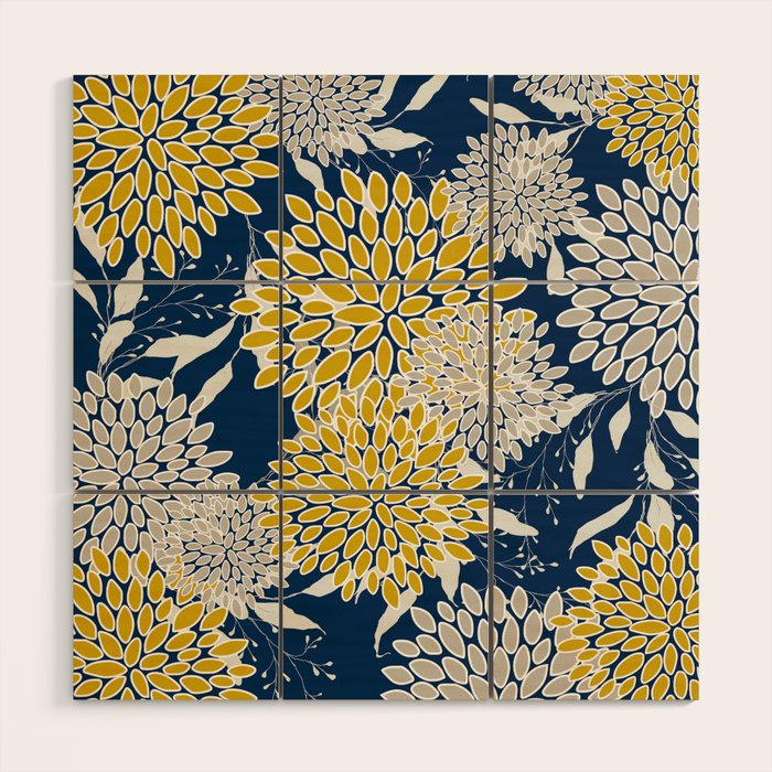 Floral Leaves and Blooms, Navy Blue, Yellow, Beige Wood Wall Art Gallery Image 1